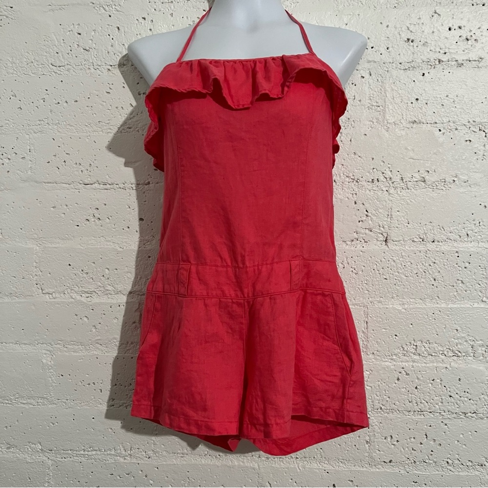 5/$25 Grass Collection Juniors Romper 5 Pink Halter Zip 100% Linen AG5